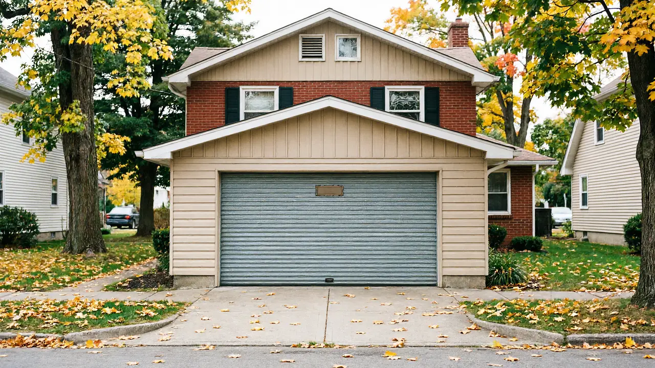 A house with a beige garage and a gray garage door in autumn.