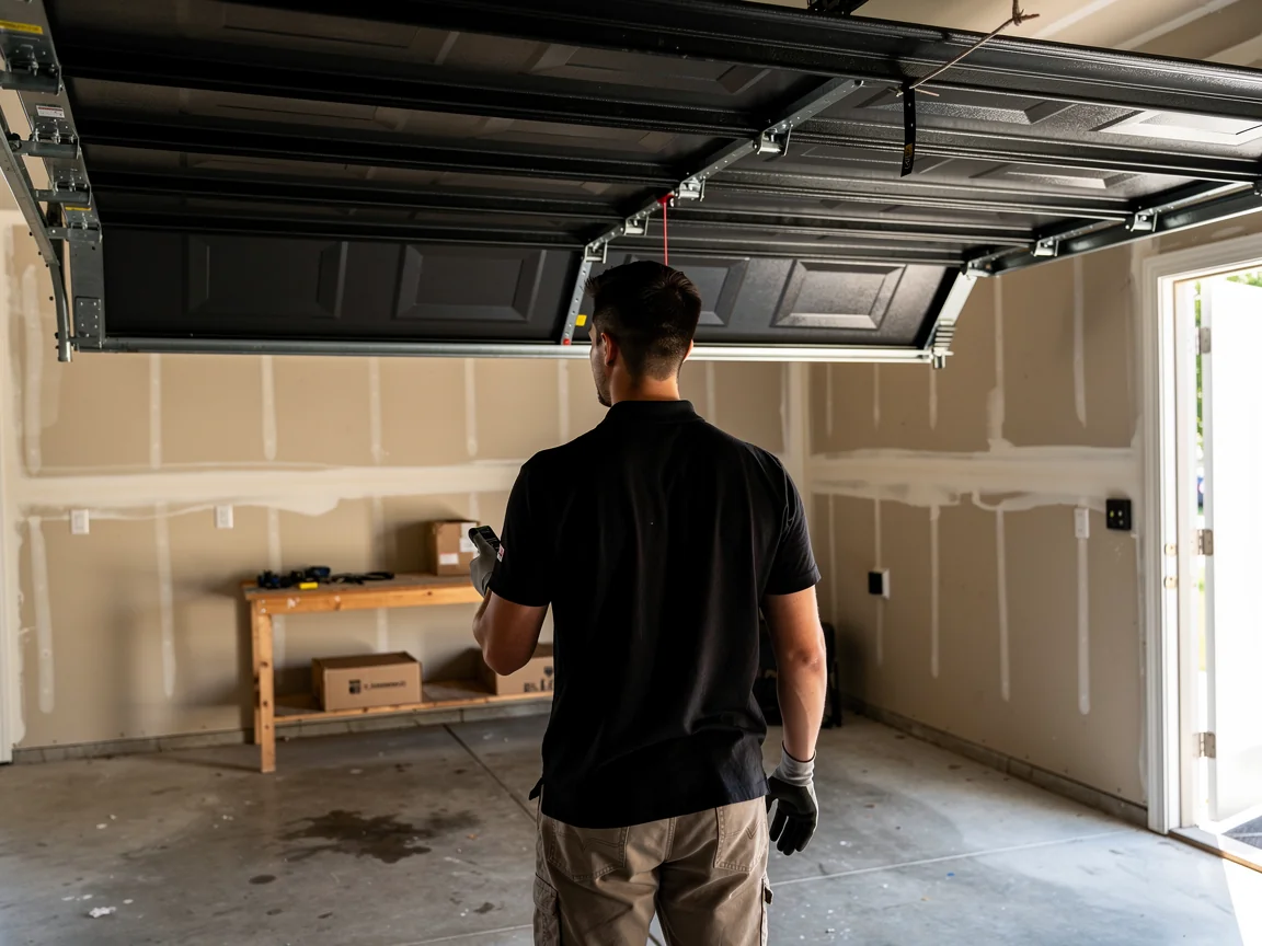A technician stands in a garage looking at an open black garage door.