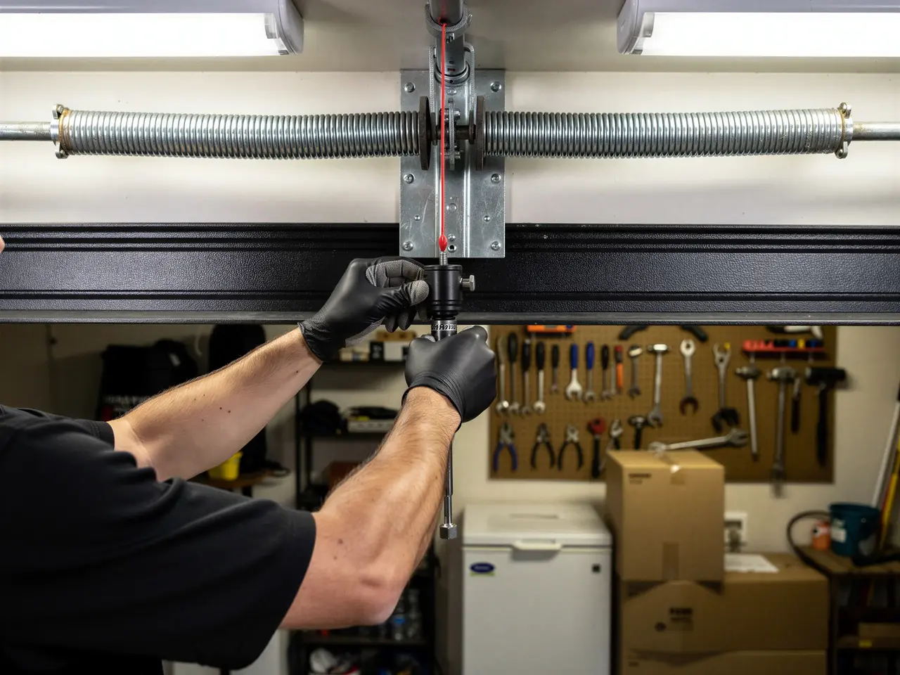 A technician in black gloves adjusts a garage door torsion spring.
